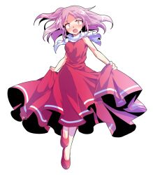 Rule 34 | 1girl, alphes (style), bare arms, bare shoulders, blush, breasts, commentary request, dairi, dress, floating hair, full body, large variant set, leg up, lifting own clothes, looking at viewer, medium breasts, one side up, open mouth, parody, pink eyes, pink hair, pom pom (clothes), red dress, red shoes, sara (touhou), shoes, short hair, skirt hold, sleeveless, sleeveless dress, solo, style parody, surprised, touhou, touhou (pc-98), transparent background, turtleneck, variant set