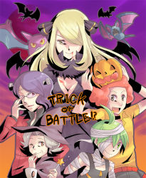 Rule 34 | 00s, 2girls, 3boys, aaron (pokemon), adjusting eyewear, bertha (pokemon), blonde hair, blood, breasts, cleavage, cleavage cutout, clothing cutout, costume, crobat, cubexcube, cynthia (pokemon), elite four, flint (pokemon), frankenstein, frankenstein&#039;s monster, full moon, gen 1 pokemon, gen 2 pokemon, glasses, hair ornament, hair over one eye, halloween, hat, jack-o&#039;-lantern, large breasts, long hair, lucian (pokemon), moon, multiple boys, multiple girls, mummy, nintendo, old, old woman, pokemon, pokemon (creature), pokemon dppt, pumpkin, red moon, smile, trick or treat, vampire, very long hair, wand, witch, witch hat, zubat