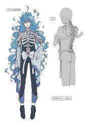 1boy blue_hair blue_lips bow fiery_hair hair_between_eyes highres idia_shroud long_hair long_sleeves looking_at_viewer makeup male_focus rib_blouse ribbon see-through_clothes see-through_sleeves simple_background tuze111 twisted_wonderland very_long_hair white_background white_bow white_ribbon yellow_eyes