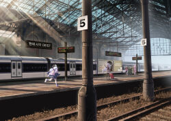 6+girls absurdres ad ahoge azusa_(blue_archive) backpack bag blue_archive duffel_bag full_body halo hanako_(blue_archive) hifumi_(blue_archive) highres justice_task_force_member_(blue_archive) koharu_(blue_archive) kokukyukeo looking_at_another make-up_work_club_(blue_archive) multiple_girls multiple_unit_train peroro_(blue_archive) reisa_(blue_archive) rolling_suitcase running school_uniform suitcase suzumi_(blue_archive) train train_station twintails wide_shot