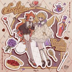 Rule 34 | 2girls, blonde hair, bottle, character name, chocolat meilleure, fake wings, food, fruit, full body, hashtag-only commentary, heart, highres, kneehighs, long hair, long sleeves, multiple girls, orange hair, pape 412, perfume bottle, raspberry, short hair, socks, sugar sugar rune, thighhighs, vanilla mieux, wand, wings
