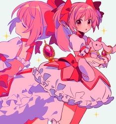 1girl :o blush bow bubble_skirt closed_mouth commentary_request dress dress_bow feet_out_of_frame frilled_skirt frilled_sleeves frills gloves hair_bow highres holding kaname_madoka kaname_madoka_(magical_girl) kneehighs kyubey magical_girl mahou_shoujo_madoka_magica mahou_shoujo_madoka_magica_(anime) open_mouth pink_dress pink_hair red_bow red_eyes sanamaru_(sana79261827) short_dress short_hair short_sleeves short_twintails simple_background skirt socks soul_gem twintails white_background white_gloves white_skirt white_socks