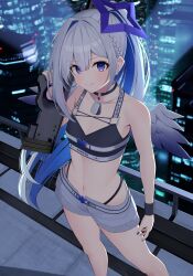 1girl absurdres alternate_costume amane_kanata angel angel_wings assault_rifle black_choker black_shirt blue_hair breasts choker cityscape colored_inner_hair gonza3_v grey_hair grey_shorts gun halo highleg highleg_panties highres holding holding_gun holding_weapon hololive multicolored_hair o-ring o-ring_choker panties ponytail purple_eyes rifle shirt shorts small_breasts smile solo star_halo underwear virtual_youtuber weapon wings