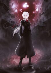 1girl black_coat boots coat commentary_request expressionless full_body gloves highres lace-up_boots long_hair looking_at_viewer low_ponytail night original photo_background ponytail red_eyes solo white_hair yamada_satoshi