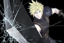 1boy aqua_eyes armor bandaged_arm bandages belt black_background blonde_hair brown_belt buster_sword closed_mouth cloud_strife cowboy_shot crack cracked_glass fighting final_fantasy final_fantasy_vii final_fantasy_vii_remake hair_between_eyes highres holding holding_sword holding_weapon looking_at_viewer male_focus multiple_belts rei_(teponea121) short_hair shoulder_armor sleeveless sleeveless_turtleneck solo spiked_hair suspenders sword turtleneck twitter_username upper_body weapon