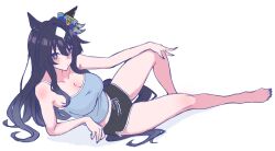 1girl animal_ears armpit_crease barefoot black_hair black_shorts blue_shirt blush breasts camisole cleavage dolphin_shorts ear_ornament elbow_rest full_body highres horse_ears horse_girl horse_tail kerotan_(belle_reinedesu) knee_up long_hair looking_at_viewer lying midriff multicolored_hair multiple_girls on_side purple_eyes shirt shorts simple_background solo streaked_hair tail toes umamusume verxina_(umamusume) white_background