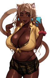 1girl alternate_costume amesuku_gyaru animal_print arms_at_sides bikini bracelet breasts brown-haired_cat_girl_(kevbot) brown_hair cat_girl cat_tail cellphone cleavage curvy dark-skinned_female dark_skin fang front-tie_shirt front-tie_top gyaru hair_ornament hairclip highres huge_breasts jewelry kevbot kogal leopard_print long_hair nail_polish one_eye_closed open_mouth original panties phone print_bikini school_uniform scrunchie shirt skirt smartphone swimsuit tail thong tied_shirt underwear wrist_scrunchie yellow_nails