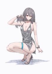 1girl alternate_costume alternate_hair_length alternate_hairstyle artist_name bare_shoulders blush bracelet breasts choker cleavage collarbone commentary dress duplicate earrings english_commentary feet feint721 full_body grey_background grey_hair hair_between_eyes hand_in_own_hair hand_up heel_pop high_heels highres holding holding_own_hair honkai:_star_rail honkai_(series) hoop_earrings jewelry large_breasts legs long_hair looking_to_the_side lossy-lossless parted_lips pixel-perfect_duplicate sandals shoes side_slit solo squatting stelle_(honkai:_star_rail) strappy_heels thigh_strap thighs toenails toes trailblazer_(honkai:_star_rail) white_dress white_shoes yellow_eyes