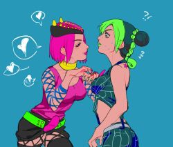 !? 2girls aqua_background bare_shoulders belt birthmark black_pants black_skirt black_tank_top blush braid breasts bun_with_braided_base cowboy_shot double_bun drawn_heart fake_horns fishnet_sleeves fishnets flying_sweatdrops genderswap genderswap_(mtf) green_eyes green_hair green_lips grey_belt hair_bun hand_grab hat heart horned_hat horned_headwear horns joestar_birthmark jojo_no_kimyou_na_bouken kuujou_jolyne lighthouse_(lt_yummy) lipstick makeup medium_breasts multicolored_hair multiple_girls narciso_anasui pants pink_eyes pink_hair pink_lips pink_shirt pink_tank_top shirt short_hair skirt small_breasts spider_web_print spoken_heart stone_ocean sweatdrop tank_top two-tone_hair yuri