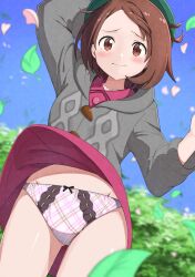 Rule 34 | 1girl, absurdres, arm up, beret, blurry, blurry background, blush, brown eyes, brown hair, buttons, cardigan, closed mouth, clothes lift, collared dress, commission, day, dress, dress lift, eyelashes, falling leaves, gloria (pokemon), green hat, grey cardigan, hat, highres, hood, hood down, hooded cardigan, large variant set, leaf, looking down, negimiso1989, nintendo, outdoors, panties, pantyshot, pixiv commission, plaid clothes, plaid panties, pokemon, pokemon swsh, raised eyebrows, raised inner eyebrows, sky, solo, underwear, variant set, white panties, wind, wind lift