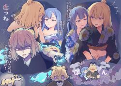 Rule 34 | 2girls, absurdres, animal ears, animalization, bang dream!, bang dream! it&#039;s mygo!!!!!, black kimono, blue hair, blush, commentary, fox ears, fox girl, hair between eyes, hair bun, highres, hug, hug from behind, japanese clothes, kimono, long hair, misumi uika, multiple girls, obi, off shoulder, open mouth, purple eyes, sash, sidelocks, single hair bun, spoilers, sweatdrop, tenrouza ray, togawa sakiko, translation request, white kimono, yellow eyes, yuri