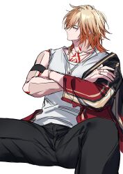 1boy absurdres alternate_costume b_bcollector black_pants blonde_hair body_markings casual crossed_arms feet_out_of_frame gradient_hair highres honkai:_star_rail honkai_(series) jacket jacket_partially_removed jewelry male_focus multicolored_hair multiple_rings mydei_(honkai:_star_rail) necklace pants profile ring shirt simple_background single_bare_shoulder sitting sleeveless sleeveless_shirt solo white_background white_shirt