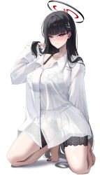 1girl absurdres barefoot black_bra black_garter_belt black_hair black_halo black_nails black_panties blue_archive blunt_bangs blush bra breasts collarbone collared_shirt commentary_request dress_shirt full_body garter_belt halo hand_up highres kneeling lancheu large_breasts long_hair looking_at_viewer nail_polish panties parted_lips red_eyes rio_(blue_archive) see-through_clothes see-through_shirt shirt simple_background solo toenail_polish toenails underwear very_long_hair white_background white_shirt