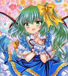 1girl blue_dress daiyousei dress fairy_wings finger_to_mouth floral_background green_eyes green_hair hair_ribbon long_hair looking_at_viewer marker_(medium) neck_ribbon one_side_up open_mouth red_ribbon ribbon rui_(sugar3) sample_watermark short_sleeves smile solo touhou traditional_media upper_body watermark wings wrist_cuffs yellow_ribbon