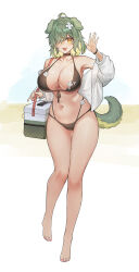1girl :d absurdres animal_ears arm_up armpits barefoot bikini black_bikini black_choker black_ribbon blonde_hair blush breasts choker cleavage collarbone commentary cooler dog_ears dog_girl dog_tail english_commentary fang flower front-tie_bikini_top front-tie_top full_body gluteal_fold green_hair hair_flower hair_ornament hair_over_one_eye highres jacket large_breasts little_nine long_sleeves looking_at_viewer multicolored_hair nail_polish navel off_shoulder open_clothes open_jacket open_mouth original pink_nails ribbon short_hair skin_fang smile solo standing swimsuit tail thigh_gap toenail_polish toenails two-tone_hair white_flower white_jacket wristband yellow_eyes