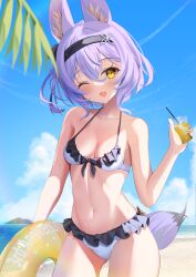 1girl ;d absurdres animal_ear_fluff animal_ears beach bikini black_hairband blue_sky blush breasts cloud collarbone cowboy_shot cup day drink drinking_straw fox_tail frilled_bikini frills front-tie_bikini_top front-tie_top hair_between_eyes hair_ornament hairband highres holding holding_cup holding_drink holding_swim_ring innertube looking_at_viewer medium_breasts navel ocean one_eye_closed open_mouth outdoors purple_hair short_hair si_shu sky small_breasts smile solo swim_ring swimsuit tail vrchat wet white_bikini yellow_eyes yuuko-zoku_no_onee-chan