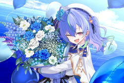 1girl :d absurdres ahoge balloon black_necktie blue_flower blue_hair blue_rose blue_sky blush bouquet cloud collared_shirt commentary_request cowboy_shot day dress flower green_hair hat hat_flower heart_balloon highres holding holding_bouquet long_sleeves looking_at_viewer medium_hair mole mole_under_eye multicolored_hair nanashi_inc. necktie ocean one_eye_closed open_mouth ougimaneki outdoors pink_eyes rose shirt sky smile solo suzumi_nemo suzumi_nemo_(3rd_costume) two-tone_hair two_side_up virtual_youtuber water white_dress white_flower white_hat white_rose white_shirt
