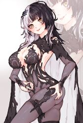 1girl ass black_cloak black_dress breasts chronopattern_dress cloak dress grabbing_own_ass highres hololive hololive_english large_breasts looking_at_viewer ma_draws multicolored_hair nail_polish shiori_novella solo split-color_hair tongue tongue_out two-tone_hair virtual_youtuber yellow_eyes zoom_layer