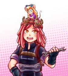 Rule 34 | 10s, 2girls, animal ears, blonde hair, blue eyes, boku no hero academia, chip &#039;n dale rescue rangers, crossover, disney, gadget hackwrench, goggles, goggles on head, hatsume mei, highres, mickey mouse &amp; friends, mini person, minigirl, mouse ears, mouse girl, mouse tail, multiple girls, octoppoi, open mouth, pink hair, smile, tail, trait connection, wrench, yellow eyes
