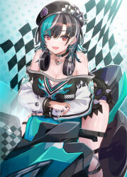1girl bare_shoulders black_hair black_hat black_shirt breasts brown_eyes brown_hair cleavage grey_hair hat headphones headphones_around_neck highres hololive hololive_dev_is large_breasts medium_hair motor_vehicle motorcycle multicolored_hair off-shoulder_shirt off_shoulder on_motorcycle pupps rindo_chihaya shirt solo spikes streaked_hair virtual_youtuber