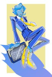 Rule 34 | 1boy, addison (deltarune), alternate costume, blue addison (deltarune), blue skin, colored skin, deltarune, formal clothes, jacket, necktie, open mouth, pants, pointy nose, shio tou, shoes, solo, suit, teeth