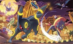 animal_focus ariga_hitoshi building bush city claws closed_mouth cloud colored_sclera crawdaunt cresselia crobat fangs floating flying fountain full_moon gen_2_pokemon gen_3_pokemon gen_4_pokemon glowing karen_(pokemon) lamppost legendary_pokemon moon night night_sky nintendo no_humans official_art open_mouth pokemon pokemon_(creature) pokemon_focus pokemon_hgss pokemon_tcg red_eyes sharp_teeth sky slashing sparkle statue teeth third-party_source tree umbreon water weavile wings yellow_sclera