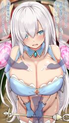 Rule 34 | 1girl, @ @, aqua eyes, ars almal, ars almal (3rd costume), blush, breasts, cleavage, cum, cum on body, cum on breasts, cum on upper body, disembodied penis, fatetan, gloves, grey hair, hair between eyes, highres, huge breasts, long hair, magic, magic circle, midriff, navel, nijisanji, open mouth, penis, solo, thighhighs, translation request, very long hair, virtual youtuber, wand, white thighhighs