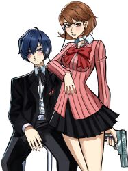 Rule 34 | 1boy, 1girl, absurdres, black jacket, black pants, black ribbon, black skirt, blue eyes, blue hair, blush, bow, bowtie, breasts, brown eyes, brown hair, cardigan, chaosoded, choker, closed mouth, collared shirt, commentary, earphones, elbow rest, english commentary, evoker, feet out of frame, flipped hair, gekkoukan high school uniform, glint, gun, highres, holding, holding gun, holding weapon, jacket, listening to music, long sleeves, looking at viewer, loose bowtie, medium breasts, miniskirt, neck ribbon, open clothes, open jacket, pants, parted lips, persona, persona 3, pink cardigan, pleated skirt, red bow, red bowtie, ribbed cardigan, ribbon, s.e.e.s, school uniform, shared earphones, shirt, short hair, sitting, skirt, standing, takeba yukari, weapon, white background, white choker, white shirt, yuuki makoto (persona 3)