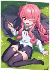 1girl :o absurdres black_cape black_skirt black_thighhighs blush breasts cape dango_remi highres holding holding_wand long_hair long_sleeves looking_at_viewer louise_francoise_le_blanc_de_la_valliere messy_hair one_eye_closed open_mouth outdoors pink_hair red_eyes shirt sitting skirt small_breasts solo thighhighs thighs torn_clothes torn_thighhighs wand wariza white_shirt zero_no_tsukaima