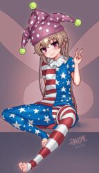 1girl american_flag american_flag_dress american_flag_legwear american_flag_print blonde_hair cameltoe clownpiece fairy fairy_wings fat_mons feet flag_print hat highres jester_cap legs long_hair neck_ruff purple_eyes rahime sitting solo solo_focus spread_legs star_(symbol) star_print stirrup_legwear striped_clothes thighs toeless_legwear toes touhou v wings wrinkled_fabric