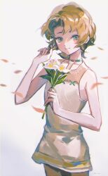 1girl bare_arms bare_shoulders brown_hair brown_shirt closed_mouth cowboy_shot falling_petals flat_chest flower green_eyes holding holding_flower ilia looking_at_viewer nintendo orange_petals petals playing_with_own_hair rain_rkgk shirt short_hair sleeveless sleeveless_shirt solo standing the_legend_of_zelda the_legend_of_zelda:_twilight_princess white_background white_flower