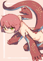 1girl animal_feet animal_hands back blush_stickers bob_cut border claws commentary completely_nude english_commentary flat_chest from_above from_side hand_up highres lizard_tail looking_at_viewer mabo9317 monster_girl nude on_one_knee original out_of_frame outstretched_arm outstretched_leg pink_background red_hair red_scales reptile_girl short_hair solo tail tail_raised turning_head white_border