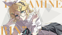 Rule 34 | 13165075695, 1girl, absurdres, black bow, blonde hair, blue eyes, bow, character name, dress, glasses, grin, hair between eyes, hairband, hatsune miku, highres, kagamine len, kagamine rin, looking at viewer, mindscape cinema (zenless zone zero), round eyewear, short hair, short sleeves, sleeves rolled up, smile, solo, vocaloid, white arm warmers, white dress, white hairband