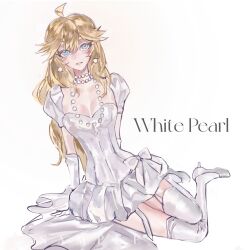 1girl absurdres ahoge alternate_costume aotu_world arm_support blonde_hair blue_eyes blush breasts chinese_commentary cleavage dress earrings elbow_gloves english_text garter_straps genderswap genderswap_(mtf) gloves hair_between_eyes high_heels highres jewelry junge914 king_(aotu_world) long_hair looking_at_viewer medium_breasts necklace parted_lips pearl_necklace puffy_sleeves shoes simple_background sitting solo thighhighs wedding_dress white_background white_dress white_gloves white_shoes white_thighhighs zettai_ryouiki