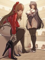 2girls absurdres adjusting_footwear arm_under_breasts black_choker black_footwear black_hair black_leotard black_sleeves black_thighhighs blunt_bangs breasts brown_hair cameltoe choker cleavage closed_mouth commission covered_navel crossed_arms dot_nose drill_hair full_body gloves hair_ornament half_gloves high_heels highleg highleg_leotard highres huge_breasts indoors large_breasts legs_together leotard long_hair long_sleeves looking_at_another multiple_girls no_panties nsd_(neangsadu) original over-kneehighs pantyhose pointy_ears red_eyes red_ribbon red_shirt red_shoes red_sleeves ribbon shadow shirt shoes sitting slit_pupils smile standing stiletto_heels thighhighs thighs white_footwear white_gloves ||/