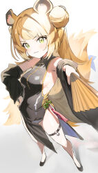 1girl :3 absurdres alternate_costume animal_ears black_dress black_shoes black_sleeves blonde_hair breasts china_dress chinese_clothes closed_mouth commentary detached_sleeves double_bun dress english_commentary folding_fan green_eyes hair_bun hand_fan highres holding holding_fan ju_fufu layer_(shinobu) loli long_hair long_sleeves looking_at_viewer mole o-ring o-ring_thigh_strap pelvic_curtain shoes small_breasts solo standing tail thigh_strap tiger_ears tiger_girl tiger_tail zenless_zone_zero