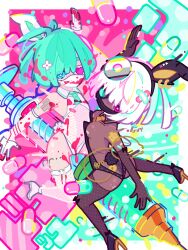 2girls absurdres animal_ear_hairband animal_ear_piercing animal_ears antenna_hair aqua_background aqua_hair aqua_necktie bandaid bandaid_hair_ornament bandaid_on_shoulder bare_back bare_shoulders black_bow black_collar black_footwear black_gloves black_hairband black_leotard black_mask black_thighhighs blood blood_in_hair blood_on_face blood_on_hands blue_eyes blunt_ends bob_cut boots border bow breasts breasts_squeezed_together bright_pupils collar commentary_request covered_mouth cross_hair_ornament dark-skinned_female dark_skin detached_collar earrings elbow_gloves eyepatch fake_animal_ears fake_tail fishnet_gloves fishnet_leotard fishnet_thighhighs fishnets flat_chest footwear_bow full_body gloves hair_ornament hairband hand_up head_mirror heart heart-shaped_pupils heart_print high_heel_boots high_heels highres hoop_earrings jewelry jo_suke leotard looking_at_viewer low_neckline mask medical_eyepatch mouth_mask multiple_girls necktie orange_necktie original outside_border oversized_object pill pink_background pink_eyes playboy_bunny rabbit_ear_hairband rabbit_ears rabbit_tail ribbon scalpel scissors short_hair shoulder_tattoo single_animal_ear sitting small_breasts strapless strapless_leotard symbol-shaped_pupils syringe tail tattoo thighhighs two-tone_background white_border white_collar white_footwear white_gloves white_hair white_hairband white_leotard white_mask white_pupils white_thighhighs yellow_ribbon