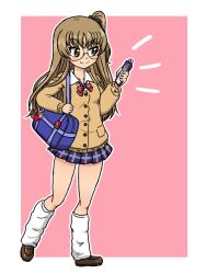 1girl alternate_hairstyle animal_charm bag black_ribbon blue_bag blue_skirt bow brown_eyes brown_hair brown_shoes cellphone character_charm charm_(object) checkered_clothes checkered_skirt collared_shirt girls_und_panzer gyaru hair_down hair_ribbon holding holding_phone ios_(os) iphone long_hair looking_at_object loose_socks miniskirt official_alternate_costume one_side_up oono_aya phone pink_background pleated_skirt rabbit red_bow red_ribbon ribbon satchel shirt shoes simple_background skirt smartphone smile socks sweater takahashi_kurage white_shirt yellow_sweater