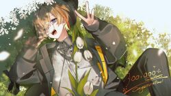 1boy absurdres bespectacled black_hat black_pants blonde_hair blue_eyes bucket_hat collared_shirt commentary_request feet_out_of_frame flower fura_kanato fura_kanato_(3rd_costume) glasses grass hat highres jisshu knee_up long_sleeves lying male_focus milestone_celebration multicolored_hair nijisanji on_back open_mouth orange_hair outdoors pants plaid_hat shirt sleeves_past_wrists streaked_hair teeth tulip upper_teeth_only virtual_youtuber w white_flower white_shirt white_tulip
