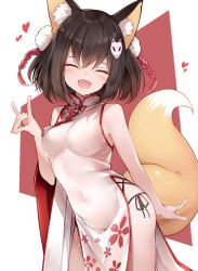 1girl :d ^_^ alternate_costume animal_ear_fluff animal_ears arm_behind_back bare_shoulders blue_archive blush breasts brown_hair cherry_blossom_print china_dress chinese_clothes closed_eyes commentary_request covered_navel cowboy_shot dress eyeshadow facing_viewer fang floral_print floral_print_dress fox_ears fox_girl fox_shadow_puppet fox_tail hair_between_eyes hair_ornament hand_up happy heart highres impossible_clothes izuna_(blue_archive) makeup medium_breasts medium_hair midori_(misuriru8) open_mouth pelvic_curtain pom_pom_(clothes) pom_pom_hair_ornament print_dress red_background red_eyeshadow simple_background sleeveless sleeveless_dress smile solo straight_hair tail tail_raised two-tone_background white_background white_dress