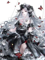 1girl absurdres argyle_bow bare_shoulders bead_bracelet bead_necklace beads black_bow black_dress black_gloves bow bracelet brooch bug butterfly chinese_commentary collarbone commentary_request cowboy_shot crimson_rhapsody_(infinity_nikki) dress dress_bow expressionless facepaint frilled_dress frills gloves gown grey_background grey_bow grey_eyes grey_hair hair_bow heart heart_brooch highres hime_lolita infinity_nikki insect jewelry lace-trimmed_bow lace_trim large_bow libieyu light_particles lipstick lolita_fashion long_dress long_hair long_sidelocks looking_ahead makeup multiple_hair_bows necklace nikki_(series) off-shoulder_dress off_shoulder official_alternate_color outstretched_hand parted_bangs parted_lips puppet_strings red_bow red_brooch red_butterfly red_lips short_sleeves sidelocks simple_background solo standing two-tone_bow very_long_hair wavy_hair