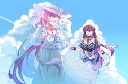 2girls absurdres bikini black_bikini blue_sky breasts brown_hair dress eden_(flowing_rhyme)_(honkai_impact) eden_(honkai_impact) elysia_(herrscher_of_human:_ego)_(honkai_impact) elysia_(honkai_impact) elysia_(summer_2025)_(honkai_impact) hat highres holding_hands honkai_(series) honkai_impact_3rd large_breasts long_hair multiple_girls official_alternate_costume outdoors pink_hair s9897907160915 sky smile sun_hat sundress swimsuit very_long_hair white_dress yellow_eyes yuri