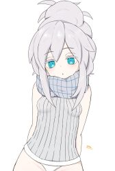 1girl blue_eyes breasts commentary deux_murasame expressionless freckles grey_hair gundam gundam_gquuuuuux highres looking_at_viewer ribbed_tank_top scarf seseragi_(star4rats) simple_background small_breasts solo updo white_background