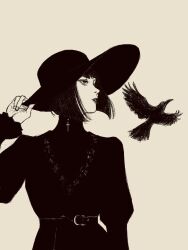 1girl animal belt bird black_dress black_hair bob_cut brown_theme cross cross_necklace crow dress highres jewelry long_sleeves looking_to_the_side necklace original solo tp_p_pt white_background wide_brim