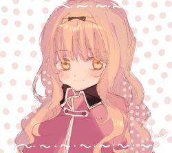 Rule 34 | 1girl, blonde hair, blush, closed mouth, highres, jacket, long hair, looking at viewer, mashiro rima, mutsuki (fujisakike), pink background, polka dot, polka dot background, red jacket, hair ribbon, school uniform, seiyo academy school uniform, shugo chara!, sketch, smile, solo, wavy hair, white background, yellow eyes