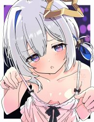 1girl amane_kanata angel asami-chan asymmetrical_bangs blue_hair blush breasts colored_inner_hair dress grey_hair hair_ornament halo highres hololive looking_at_viewer multicolored_hair no_bra open_mouth pink_dress purple_eyes single_hair_intake small_breasts solo star_halo streaked_hair virtual_youtuber