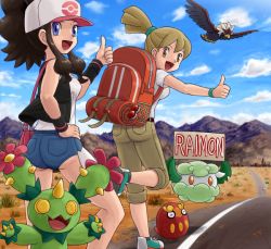 10s 2girls :d ass backpack backpacker_(pokemon) bag baseball_cap braviary cloud cottonee creatures_(company) darumaka game_freak gen_5_pokemon hat hilda_(pokemon) hitchhiking looking_at_viewer looking_back maractus multiple_girls nintendo npc_trainer open_mouth outdoors poke_ball pokemoa pokemon pokemon_(creature) pokemon_bw road shorts sky smile street thumbs_up