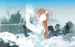1girl alternate_costume arm_up bare_tree bush carousel closed_mouth commentary cowboy_shot dress earmuffs fandangyu frilled_dress frills gloves highres holding holding_stuffed_toy long_hair long_sleeves looking_up neon_genesis_evangelion orange_hair outdoors profile railing snow snowing solo souryuu_asuka_langley stuffed_animal stuffed_rabbit stuffed_toy tree white_dress white_gloves winter