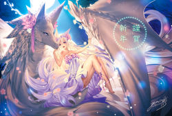 1girl :d animal_ears bare_shoulders bare_tree breasts cleavage female_focus flower full_body hair_between_eyes hair_flower hair_ornament highres light long_hair looking_away night night_sky open_mouth original purple_eyes ribbon sky smile solo star_(sky) thighs tree very_long_hair yuasa_akira