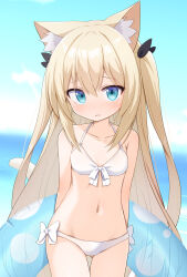 1girl animal_ear_fluff animal_ears bikini blonde_hair blue_eyes blurry blurry_background blush bow bow_bikini breasts cat_ears cat_girl cat_tail collarbone commentary_request front-tie_bikini_top front-tie_top hair_between_eyes highres holding holding_swim_ring innertube long_hair mogura2009 nose_blush original parted_lips small_breasts solo swim_ring swimsuit tail two_side_up very_long_hair white_bikini white_bow